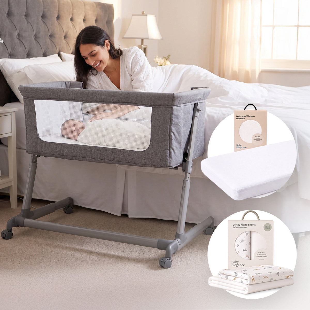 Dote Bedside Crib, Sheets & Mattress Protector Bundle