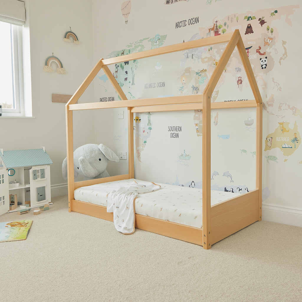 HUT Toddler Bed Beech, Stratus Mattress, Sheets & Mattress Protector Bundle
